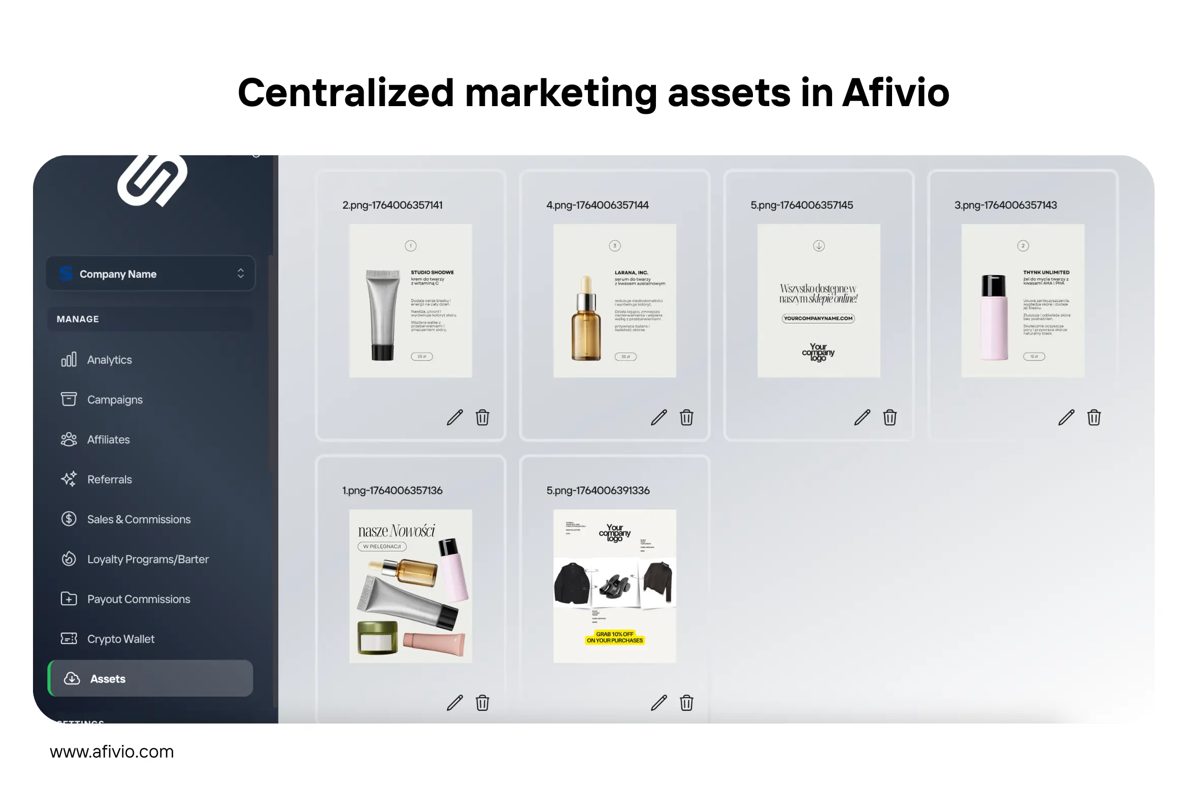 Afivio marketing assets dashboard